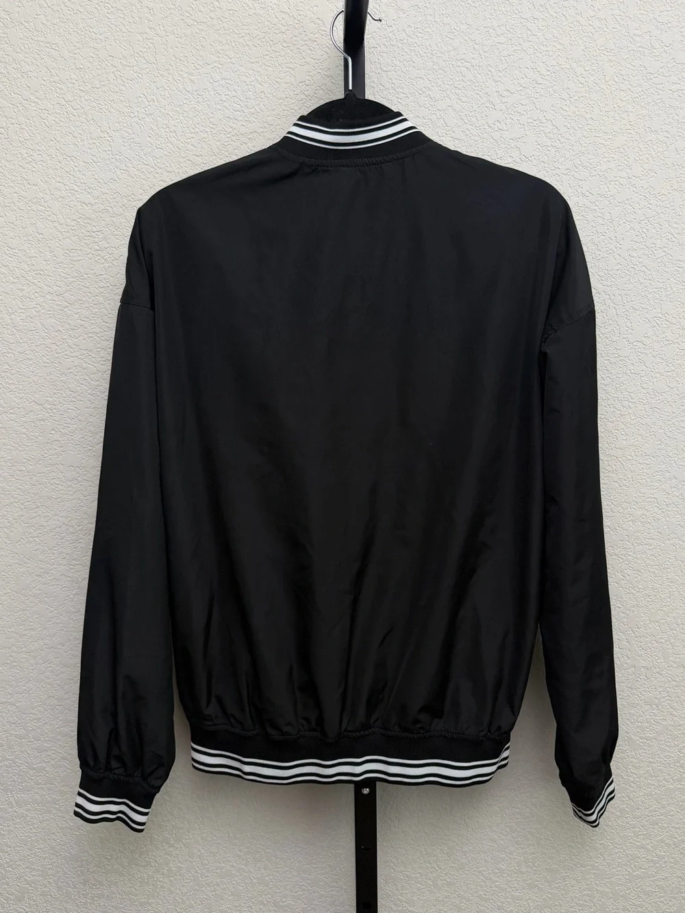 Pull&Bear Men’s Black Bomber Jacket with White Striped Trim